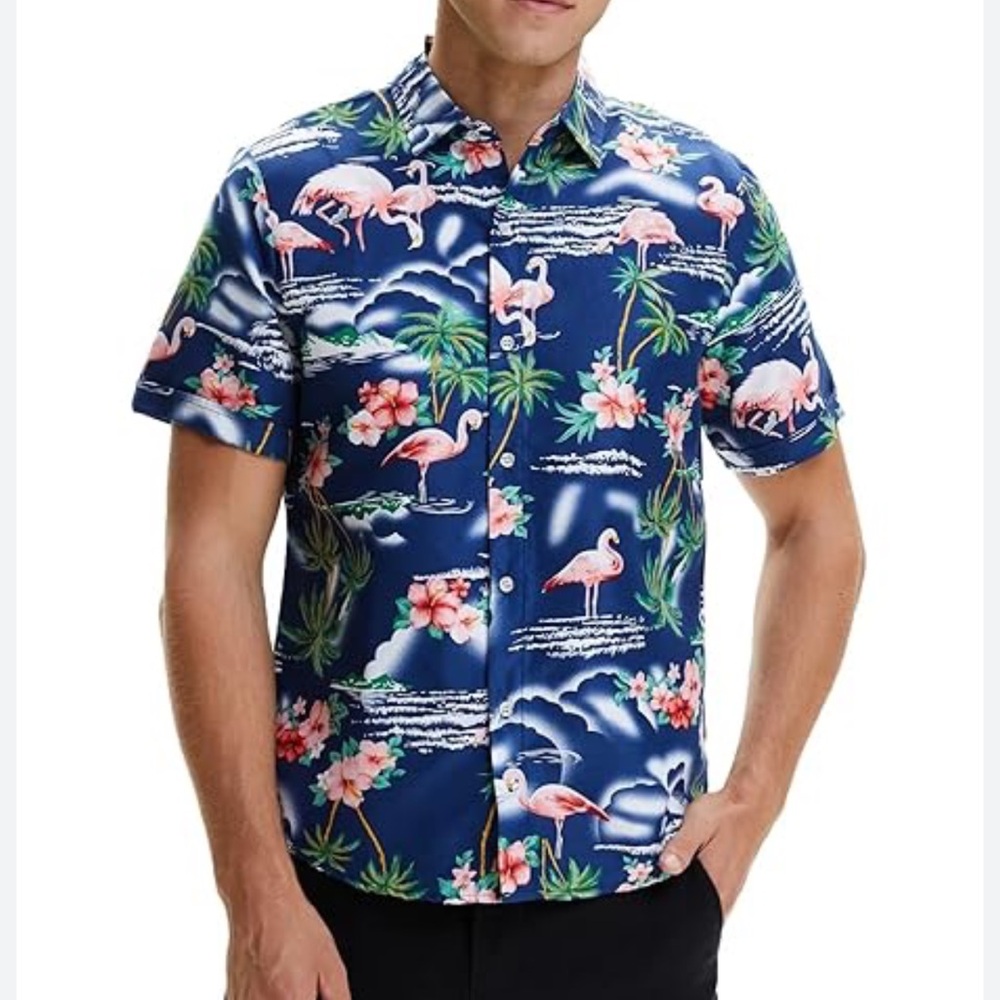 FINAL CALL SSLR men’s flamingo and flower button down Hawaiian shirt XL